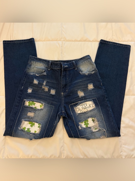 None Denim - Dark Blue Distressed Women's Jeans with Shamrock Patch Detail